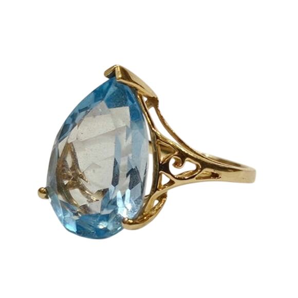 💎 Vintage 10K Gold Blue Topaz Cocktail Ring - Large Pear Cut 10 Carat Size 7 - Picture 3 of 8